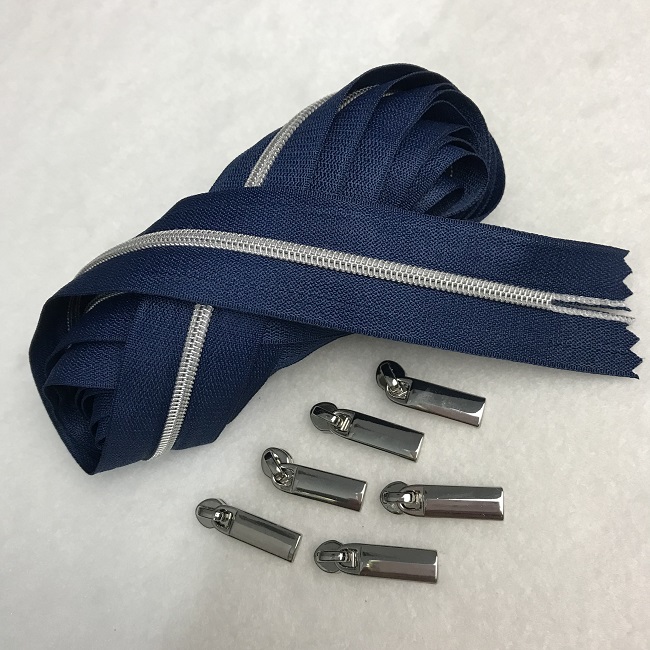 3 Yards - #3 Zipper Coil - Silver with Navy Tape & 6 Pulls - Ghee's, HandBag Patterns